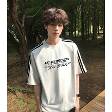 抖音得物高品质二开240克宽松纯棉美式潮牌三条杠织带短袖T恤，男装T恤，电商A486-1