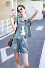 新中式牛仔套装女2024夏季新款气质高级感炸街减龄时尚短裤两件套，女装套装/套裙，E百度