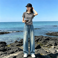 洋气时髦休闲时尚套装女夏新款圆领条纹短袖上衣直筒牛仔裤两件套，女装套装/套裙，江南