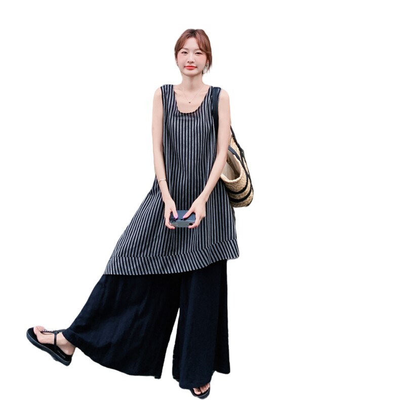 无袖条纹背心连衣裙T恤阔腿裤三件套女夏日绝美松驰感慵懒风超火,女装连衣裙,2D008
