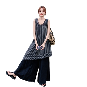 无袖条纹背心连衣裙T恤阔腿裤三件套女夏日绝美松驰感慵懒风超火图片