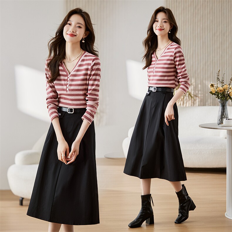 减龄条纹棉T恤半身裙两件套女2023秋季新款小个子名媛气质套装裙，女装套装/套裙，采品优优