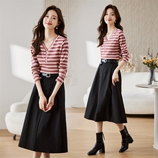 减龄条纹棉T恤半身裙两件套女2023秋季新款小个子名媛气质套装裙，女装套装/套裙，采品优优