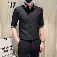 店主风社会小伙男绣花七分袖衬衫男潮流休闲衬衣301A-1/CS567/P55，男装衬衫，星座301A-1