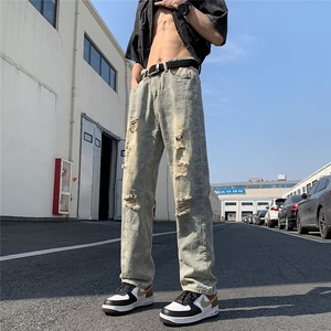 美式高街水洗做旧破洞牛仔裤男ins潮牌欧美宽松直筒长裤N0838-P48图片