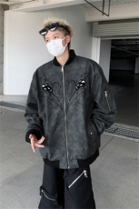 美式蜘蛛刺绣复古做旧PU皮衣飞行员夹克秋新款棒球服潮牌外套男女，男装夹克，星座505-2（原电商A260-1)