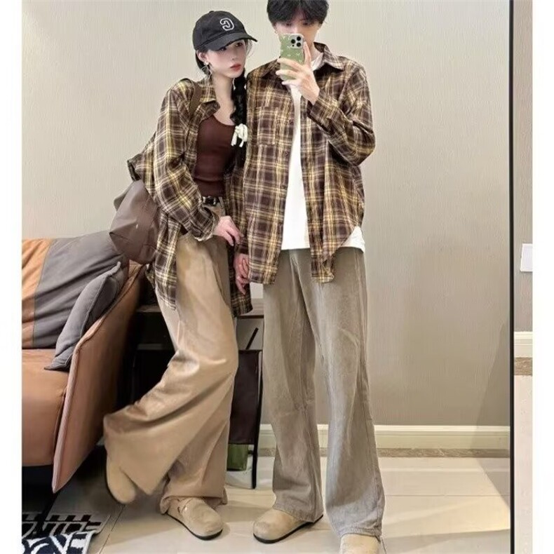 C237-P28情侣装秋装美式复古潮牌格子长袖衬衫女小众设计感开衫,男装衬衫,电商B323A
