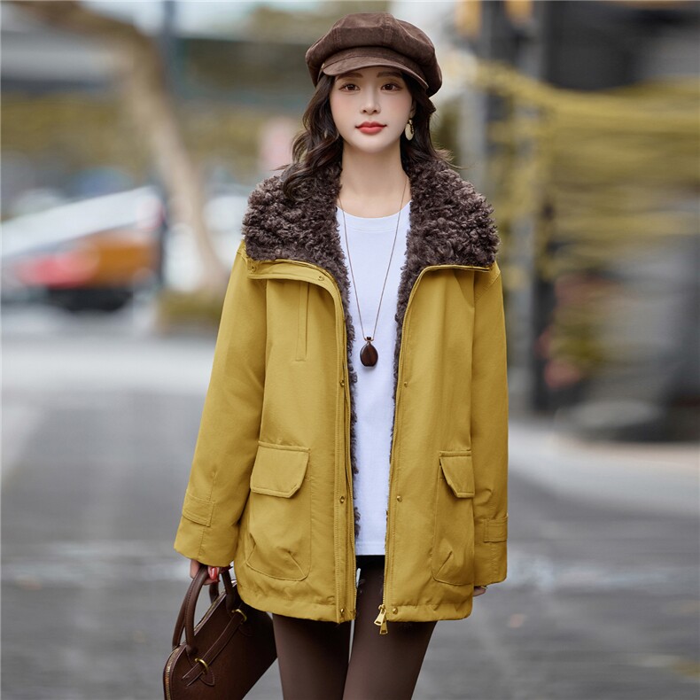 羊羔毛大翻领派克服女2025年冬季白鸭绒加厚保暖外套,女装派克服,贝蕾酷儿