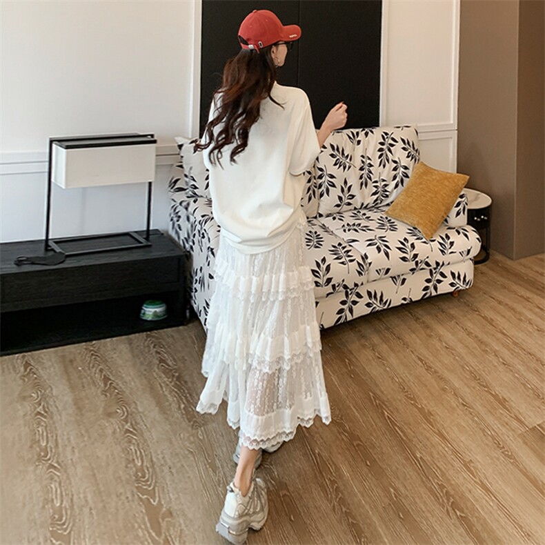 少女感休闲时尚运动套装女夏新款圆领字母印花上衣蕾丝长裙两件套,女装套装/套裙,2C310