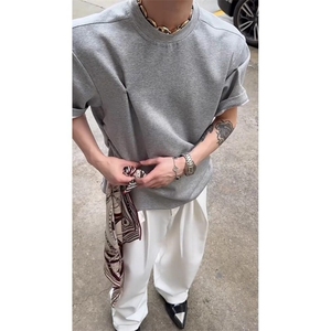 小众解构褶皱设计正肩短袖男夏季美式高级感T恤重磅半袖KTX23图片