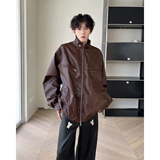 2025新款复古美拉德拉链PU皮衣夹克宽松机车服外套A025-Y56-P80，男装夹克，电商A025