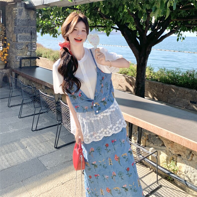 小香风蕾丝拼接假两件碎花衬衣半身裙套装女夏漂亮独特绝美两件套图片