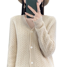 秋冬新款V领100%纯羊毛长袖镂空开衫女宽松慵懒羊绒针织上衣外套，女装羊毛衫，琳尚羊绒