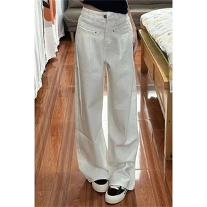 白色牛仔裤女夏季新款褶皱高腰直筒裤拖地裤休闲阔腿长裤NA1812