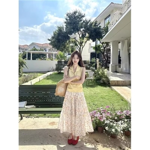新款小个子设计感碎花茶歇高腰半身裙女夏季a字显瘦大摆温柔长裙图片