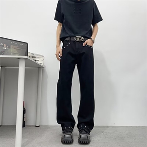 CR0555-P45 黑色复古柳钉微喇牛仔裤男款夏季美式高街潮牌长裤子图片