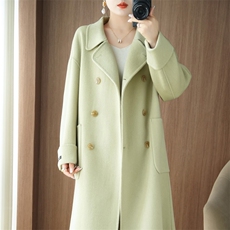 秋冬季羊毛时尚休闲两排三扣经典V领带口袋中长款大衣，女装双面呢大衣，泰公羊绒