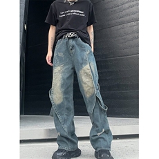 穿搭高级感男设计感小众拼接复古做旧牛仔裤直筒休闲长裤N1108，男装牛仔裤，星座1116A-1（原606A）