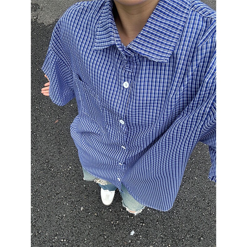 格子衬衫春夏美式短袖衬衫港风情侣装休闲衬衣CS286-P30,男装T恤,星座301C-5