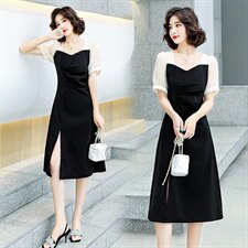 2021年夏季新款气质修身显瘦方领短袖中长款开叉拼色连衣裙，女装连衣裙，盈茜