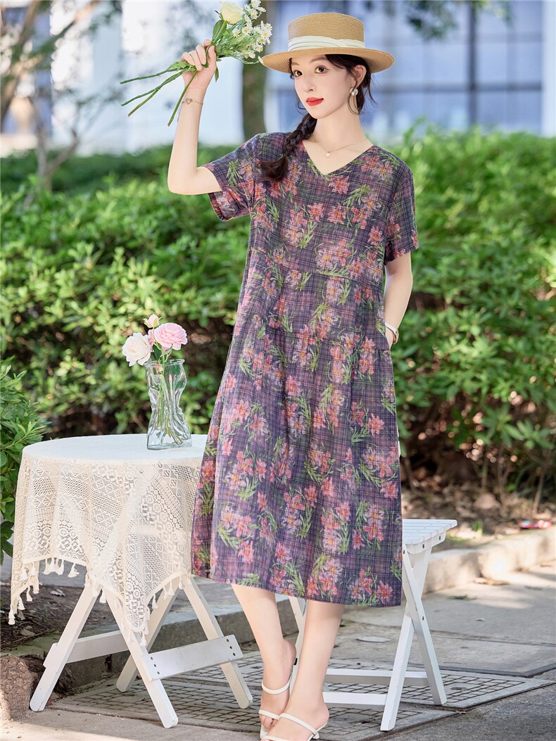 休闲宽松紫色碎花棉麻连衣裙女2026夏季洋气妈妈遮肚显瘦直筒裙子,女装连衣裙,倪叶myz