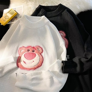 美式街头设计感圆领小熊毛衣男慵懒风休闲针织衫B58P42图片