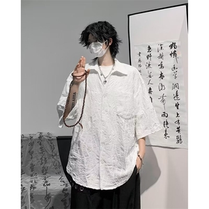 衬衫短袖男士夏季薄款纯色休闲痞帅五分衬衣服夏天外套 CD22图片