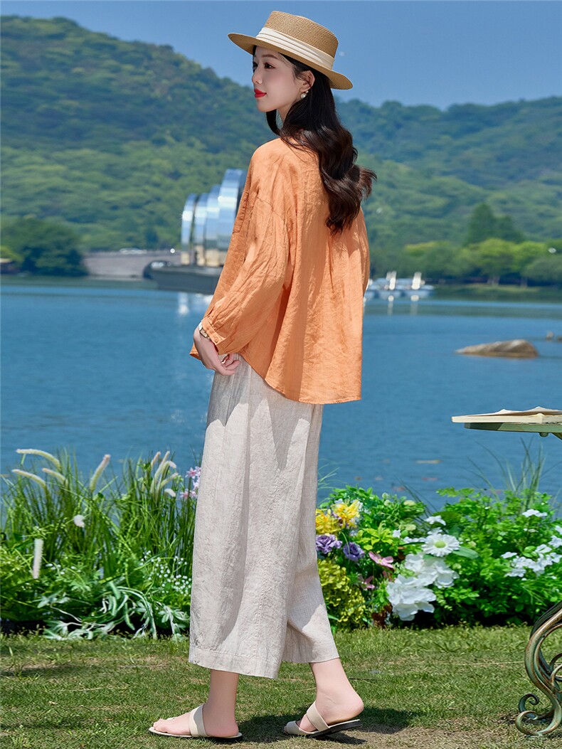 长袖棉麻上衣女2026年夏季气质翻领宽松慵懒风防晒衬衫罩衣,女装衬衫,梦懿尔