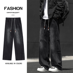 春季休闲潮流直筒宽松阔腿松紧腰牛仔长裤 K750-特批-4588图片