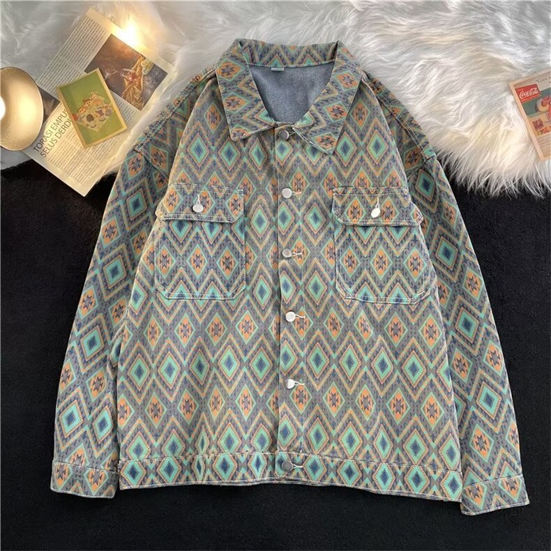 美式vintage牛仔衬衫男秋季高级感痞帅巴洛克衬衣夹克W038P65,男装夹克,星座1116-2