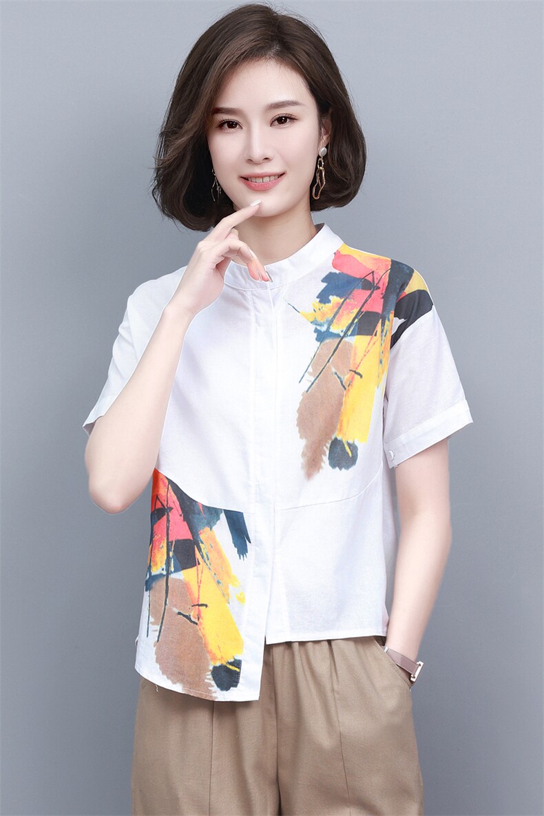 (新款)2024夏棉麻T恤水墨画复古中老年妈妈装衬衫女三年不下架,女装T恤,璐依舞