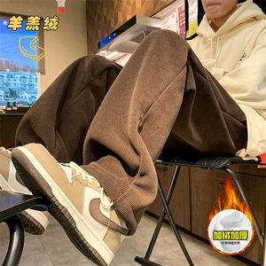 冬季美式高街加绒加厚男女休闲裤灯芯绒保暖直筒宽松阔腿长裤图片