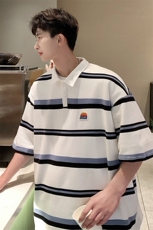 美式条纹短袖polo衫男女大码M-5XL港风翻领短袖T恤DP77010P50控78，男装T恤，星座227-7