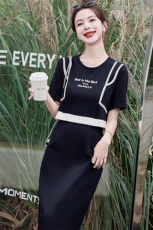 小馨家【新品】气质优雅韩版时尚中长款拼色连衣裙，女装连衣裙，尚洛菲