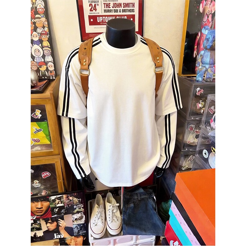 抖音得物品质26春装美式高街结构织带假两件双纱纯棉长袖T恤W103,男装T恤,电商A486