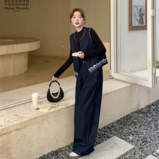 韩系复古牛仔套装女2025秋新款休闲百搭显瘦刺绣马甲阔腿裤两件套，女装套装/套裙，2C028