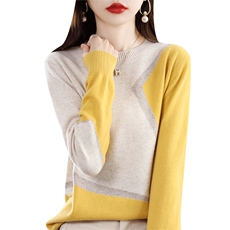 拼色100羊毛衫女宽松圆领衫毛衣女撞色加厚上衣针织打底衫，女装羊毛衫，犀桦羊绒