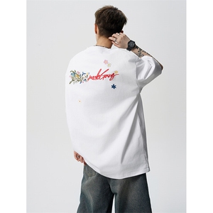 8XL-M 高品质纯棉花卉刺绣短袖T恤男女款美式宽松凉感防晒T DX335图片