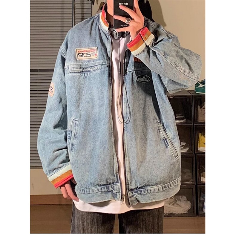 复古立领做旧情侣牛仔外套男春季贴布机车赛车服夹克上衣JK8945，男装工装外套，星座516A