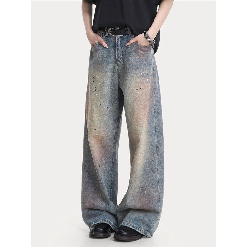 美式高街春夏复古水洗做旧牛仔裤直筒阔腿长裤KZ38GJ936--TP55，男装牛仔裤，电商A247C