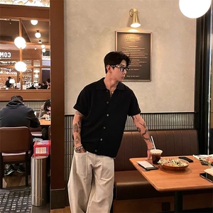 一字领老钱风衬衫男短袖高级感衬衣图片