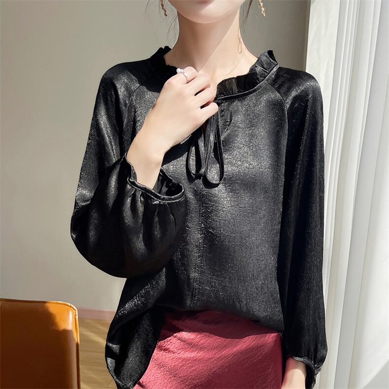 春秋缎面真丝长袖上衣女木耳领抽绳提花衬衫气质宽松灯笼袖打底衫，女装蕾丝衫/雪纺衫，圣丽羊绒