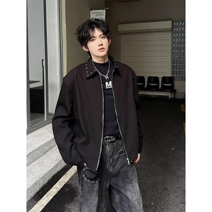 复古高街褶皱垫肩翻领夹克男春秋季宽松休闲百搭设计感肌理感外套图片