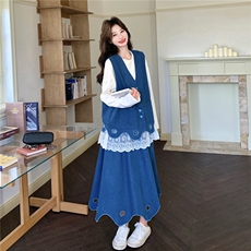 现货新款针织+牛仔马甲+半身裙三件套2C056-7203-P195控318，女装套装/套裙，2C056