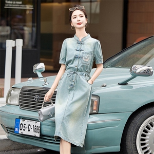 新中式国风牛仔连衣裙女2025夏季款时尚洋气薄款收腰显瘦短袖裙子图片