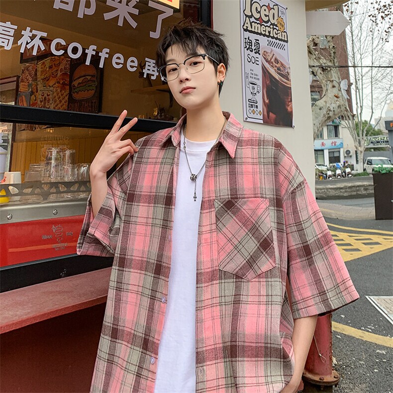 短袖衬衫男夏季新款磨毛格子衬衣DX716-特批26无差价,男装衬衫,星座214-3
