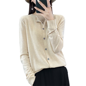 2024春夏季新款精纺圆领羊毛开衫女宽松百搭针织长袖毛衣外套上衣图片