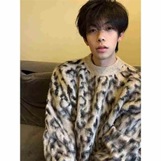 圆领豹纹毛衣男秋冬宽松撞色针织衫韩版潮流大码胖子套头上衣，男装针织衫/毛衣，星座601-1