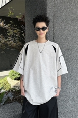 8XL-M美式小众高级感拼接短袖T恤男夏简约百搭宽松纯棉上衣DX336，男装T恤，电商D206-1