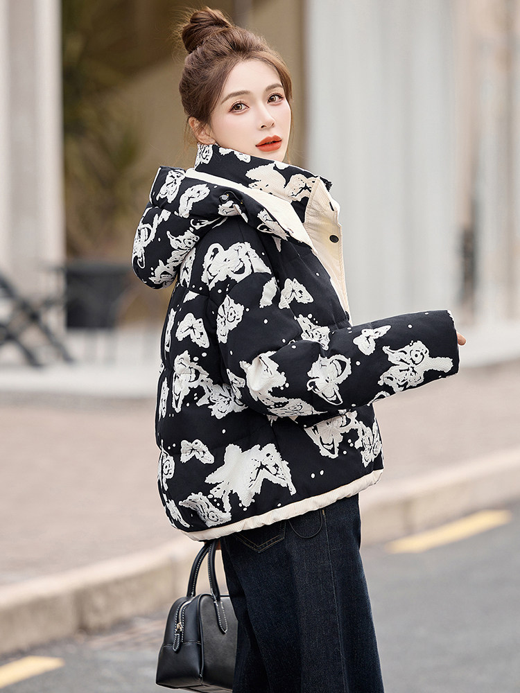 小个子印花连帽羽绒服女欧货2024冬季新款短款百搭白鸭绒保暖外套,女装羽绒服,曼娅璐